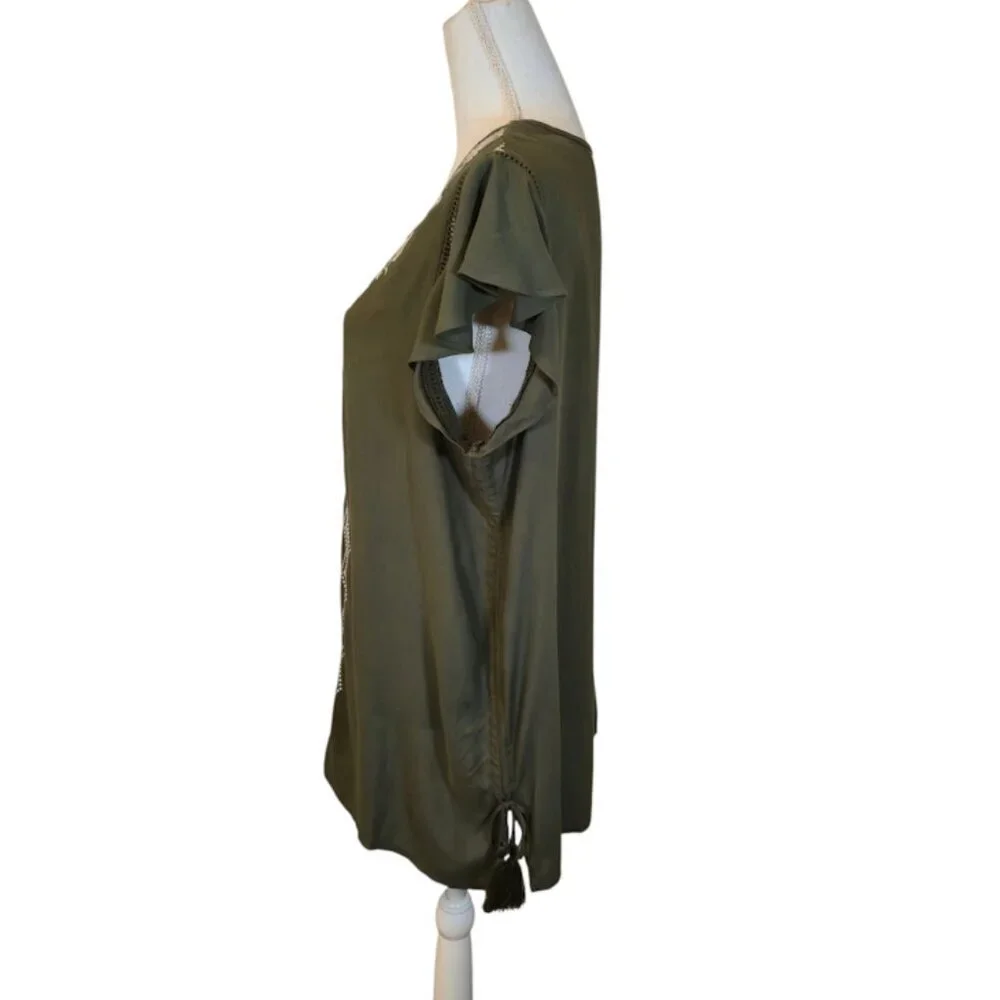 Time & Tru Embroidered Top Women Size L Green Bohemian Preppy Peasant - Picture 5 of 8